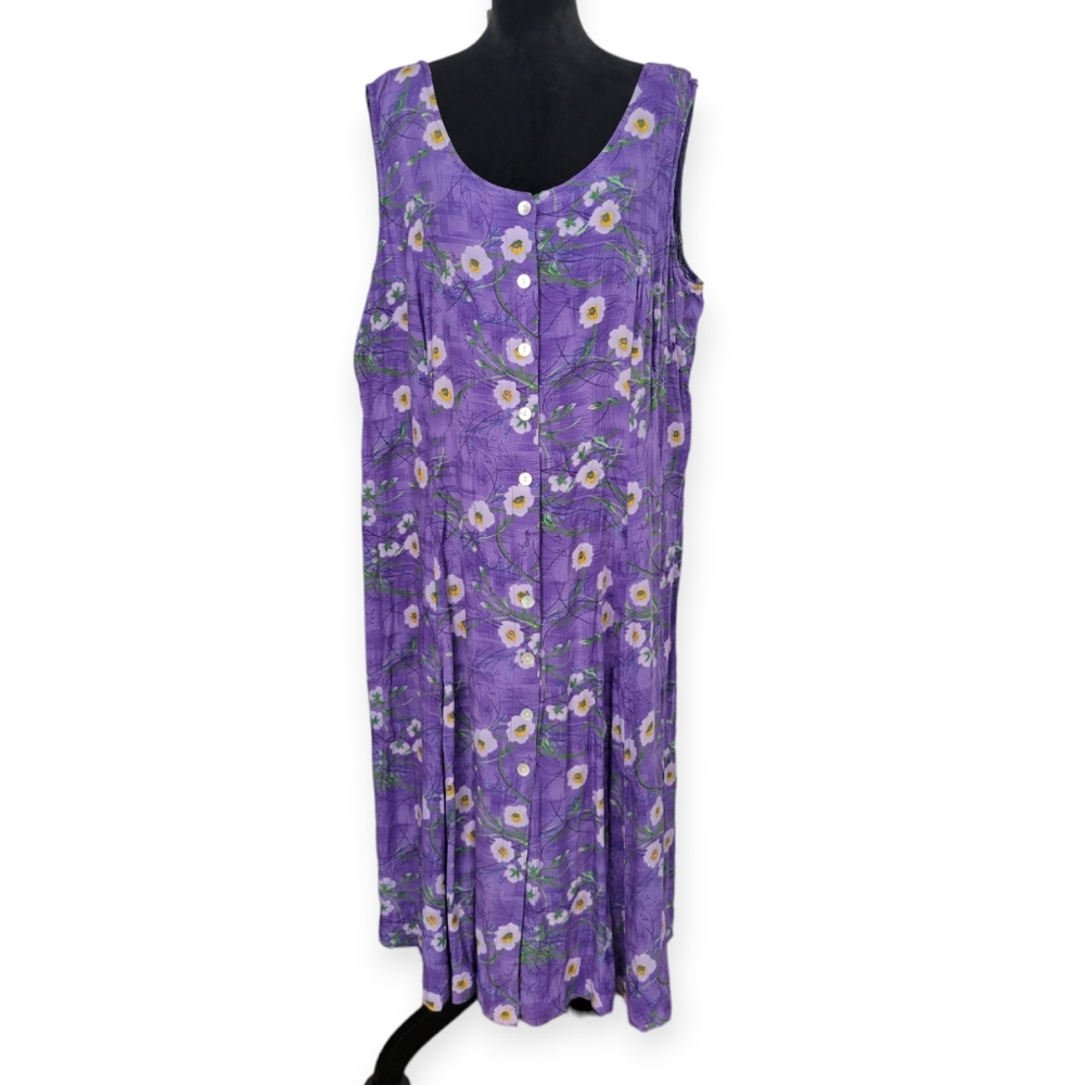 Vintage 2X Purple Floral Daisy Sleeveless Smock Summer Sundress